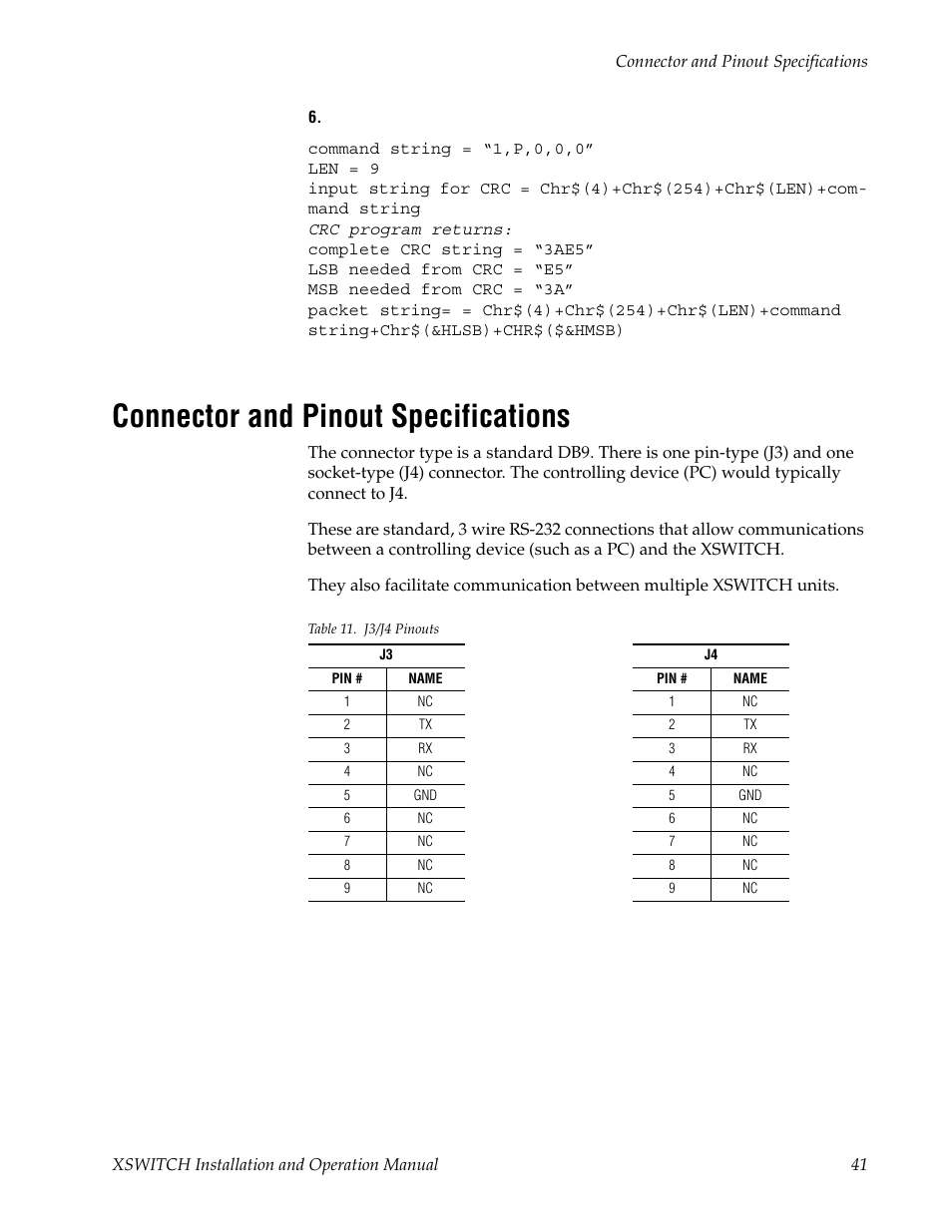 Connector and pinout specifications | Grass Valley XSwitch Feb 08 2006 User Manual | Page 41 / 52