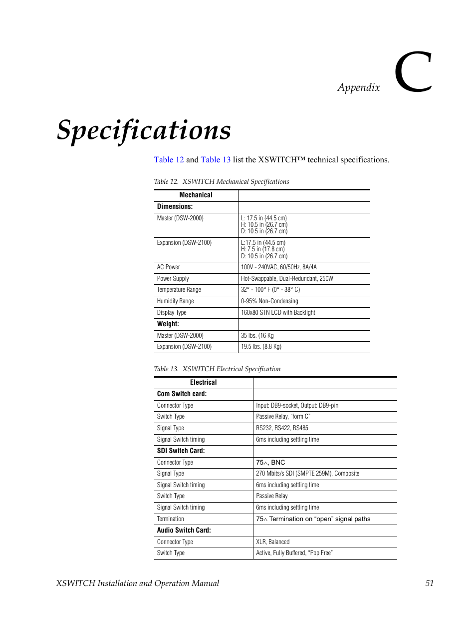 Specifications, Appendix c — specifications, Appendix | Grass Valley XSwitch Feb 08 2006 User Manual | Page 51 / 52