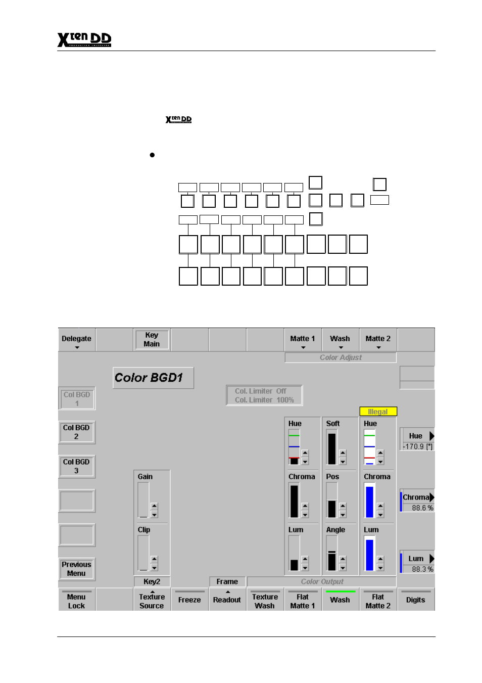 9 color background menu, 3 color background signals ( col1, col2, col3 ), 1 color background 1 menu | Grass Valley XtenDD v.4.2.4 User Manual | Page 256 / 487