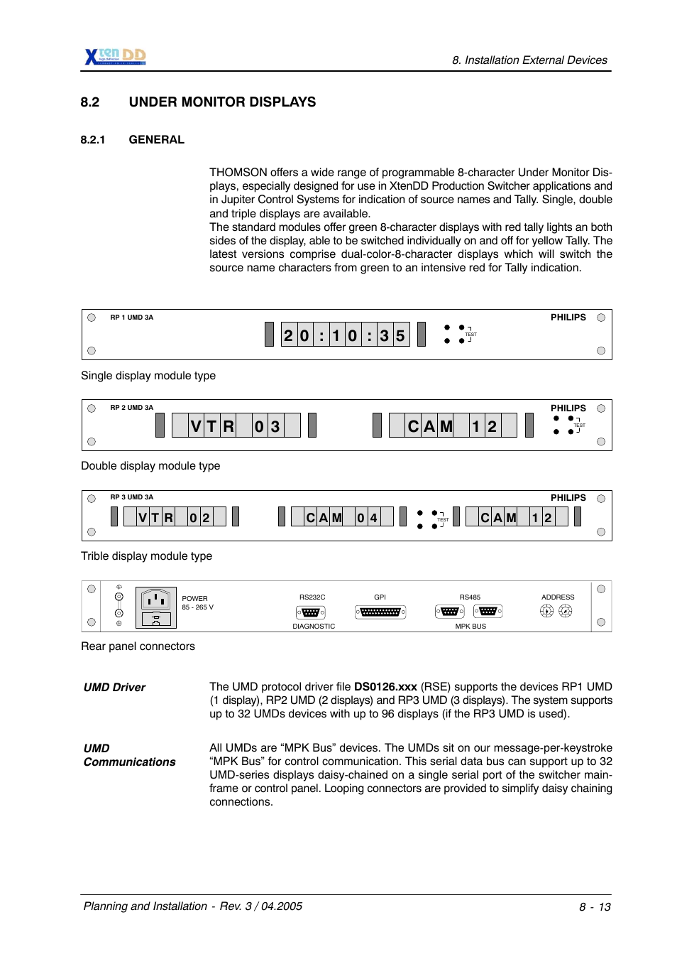 V t r 0 3 c a m 1 2, 2 under monitor displays | Grass Valley XtenDD DD User Manual | Page 187 / 196