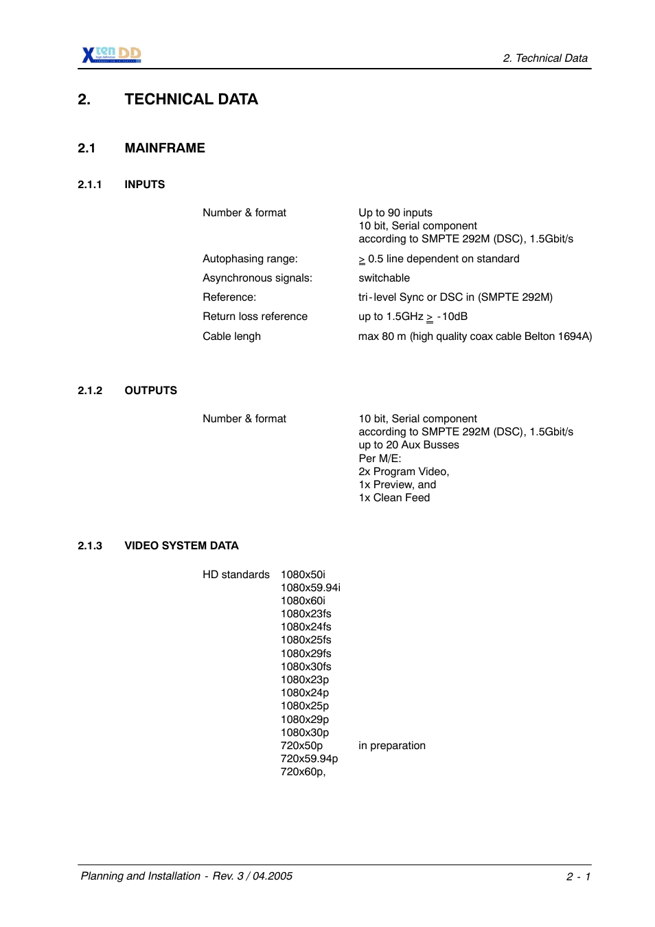 Technical data | Grass Valley XtenDD DD User Manual | Page 29 / 196
