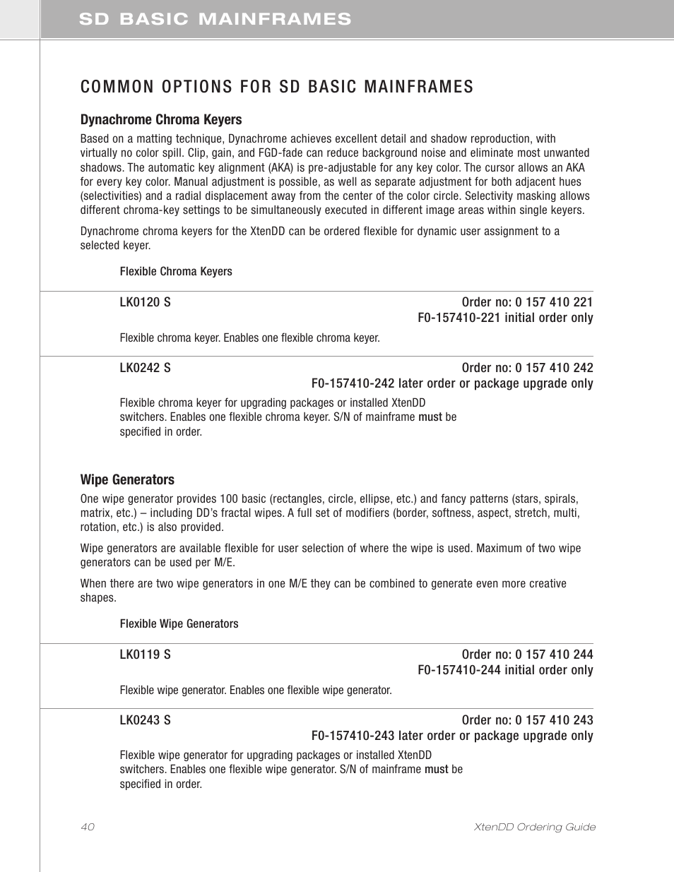 Common options for sd basic mainframes, Sd basic mainframes | Grass Valley XtenDD Ordering Guide User Manual | Page 40 / 56