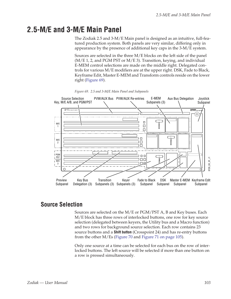 M/e and 3-m/e main panel, Source selection | Grass Valley Zodiak v.6.0 Mar 15 2006 User Manual | Page 103 / 494
