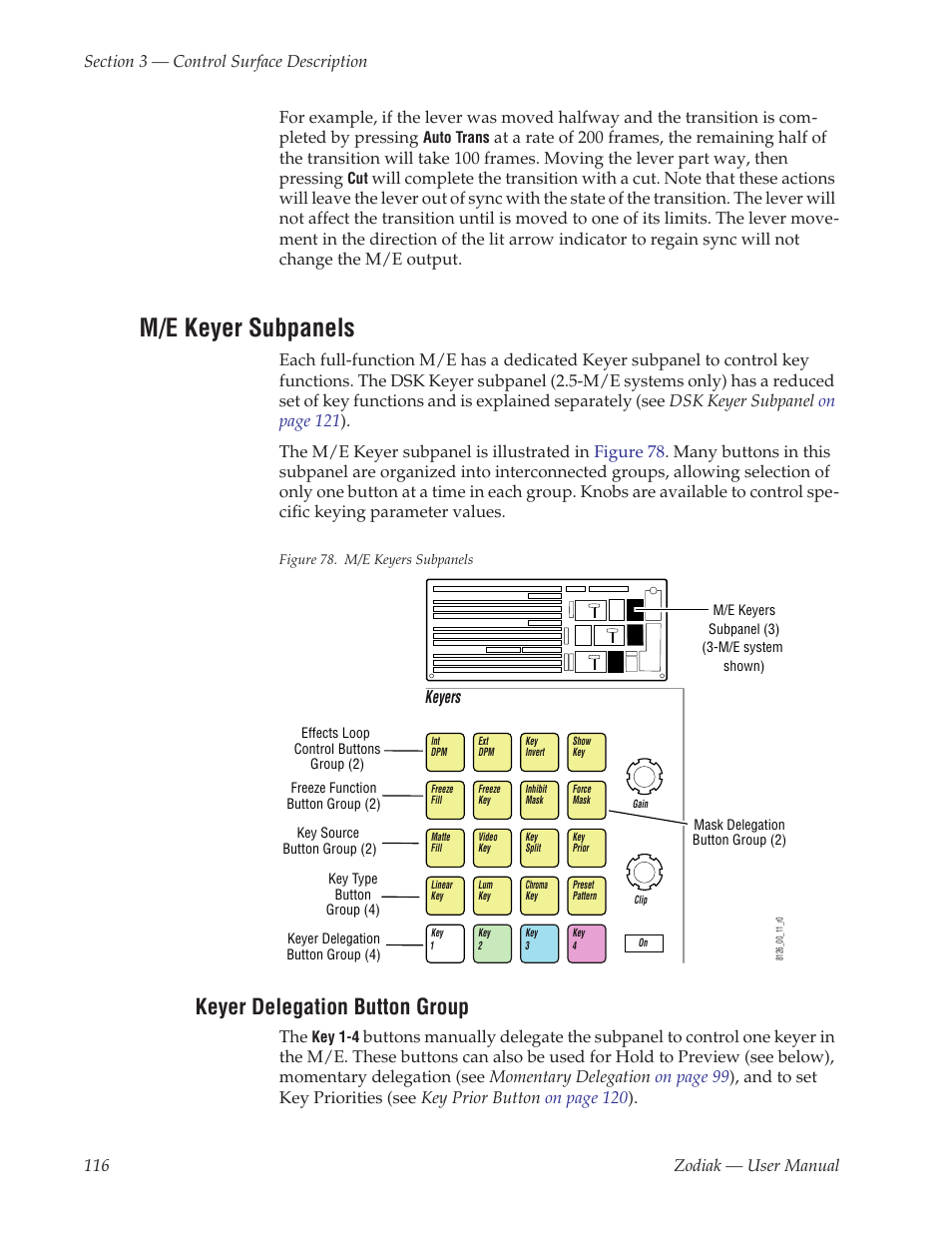 M/e keyer subpanels, Keyer delegation button group | Grass Valley Zodiak v.6.0 Mar 15 2006 User Manual | Page 116 / 494