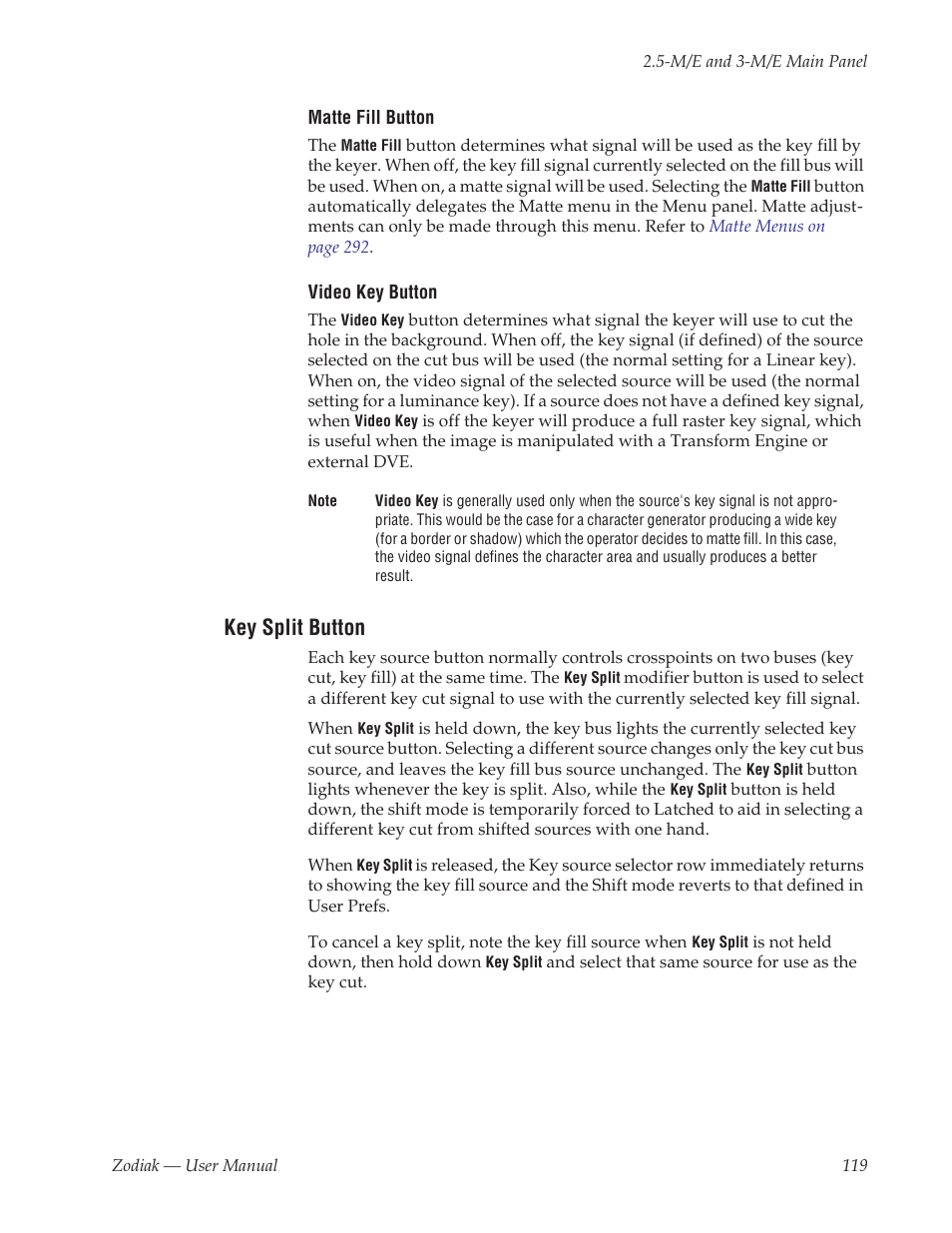 Key split button, Button (see key split button | Grass Valley Zodiak v.6.0 Mar 15 2006 User Manual | Page 119 / 494