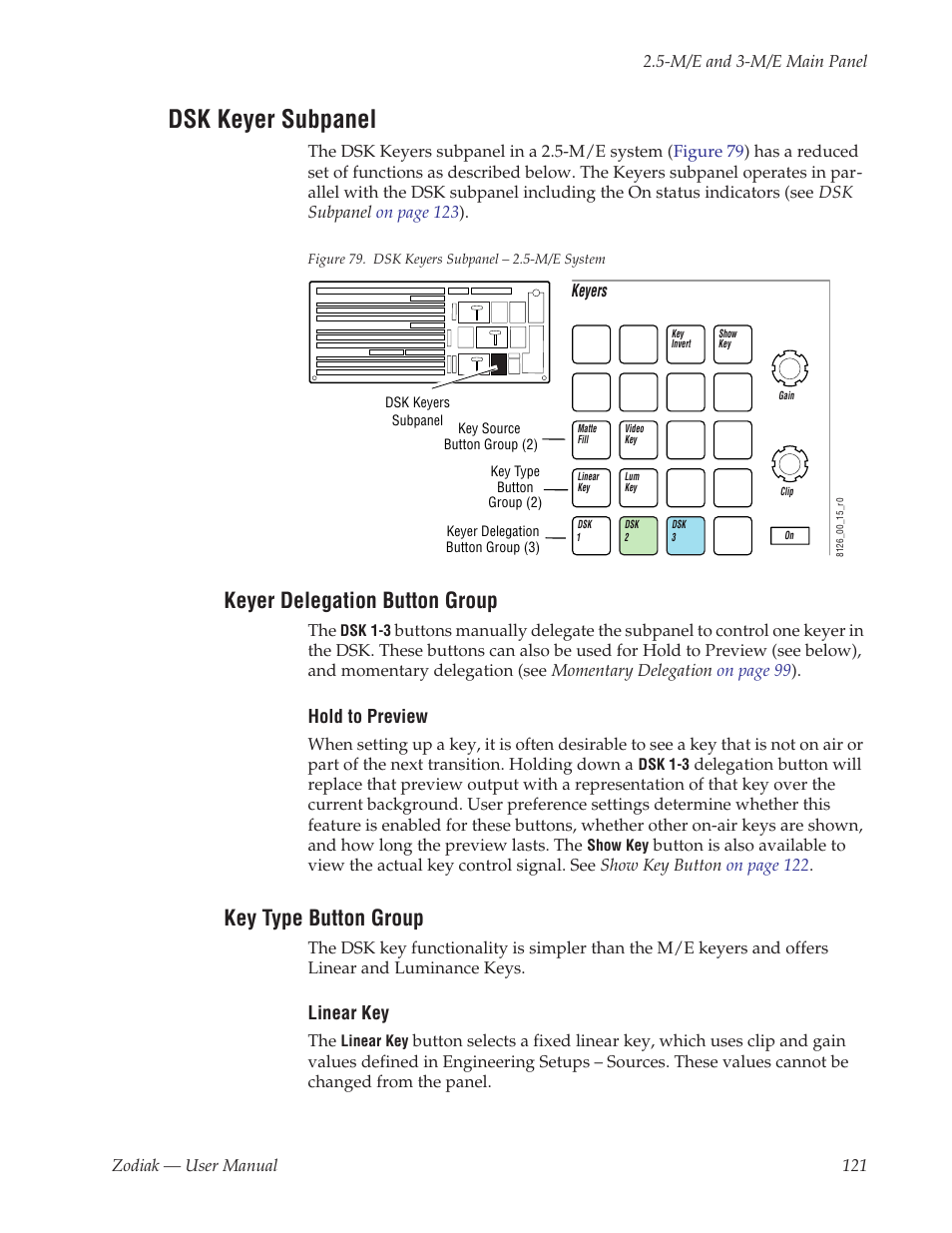 Dsk keyer subpanel, Keyer delegation button group, Key type button group | Grass Valley Zodiak v.6.0 Mar 15 2006 User Manual | Page 121 / 494