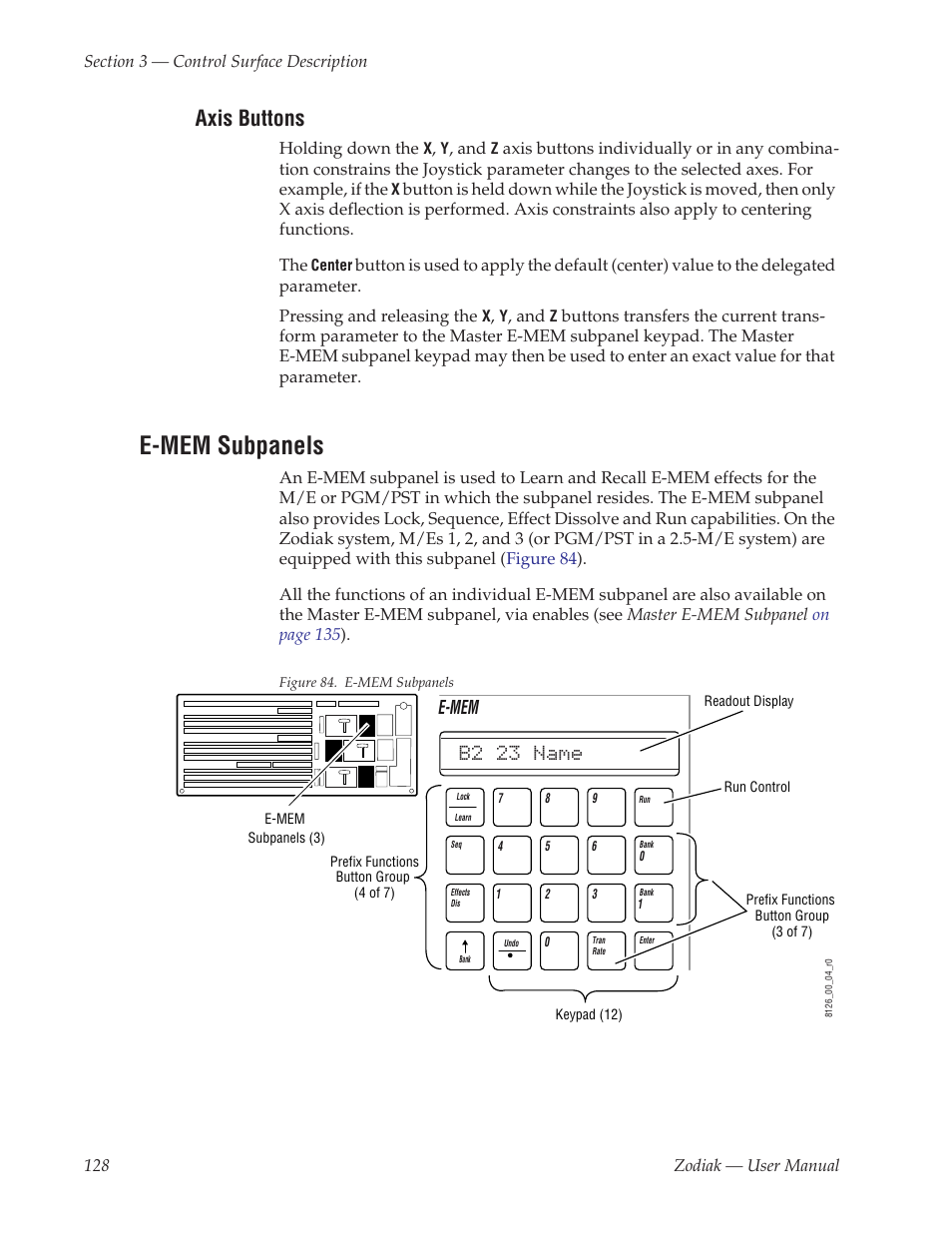 Axis buttons, E-mem subpanels | Grass Valley Zodiak v.6.0 Mar 15 2006 User Manual | Page 128 / 494