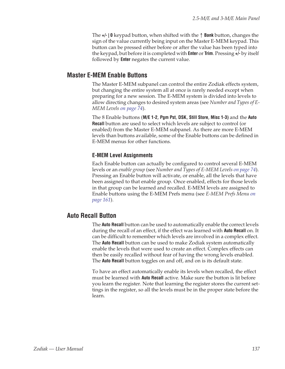 Master e-mem enable buttons, Auto recall button | Grass Valley Zodiak v.6.0 Mar 15 2006 User Manual | Page 137 / 494