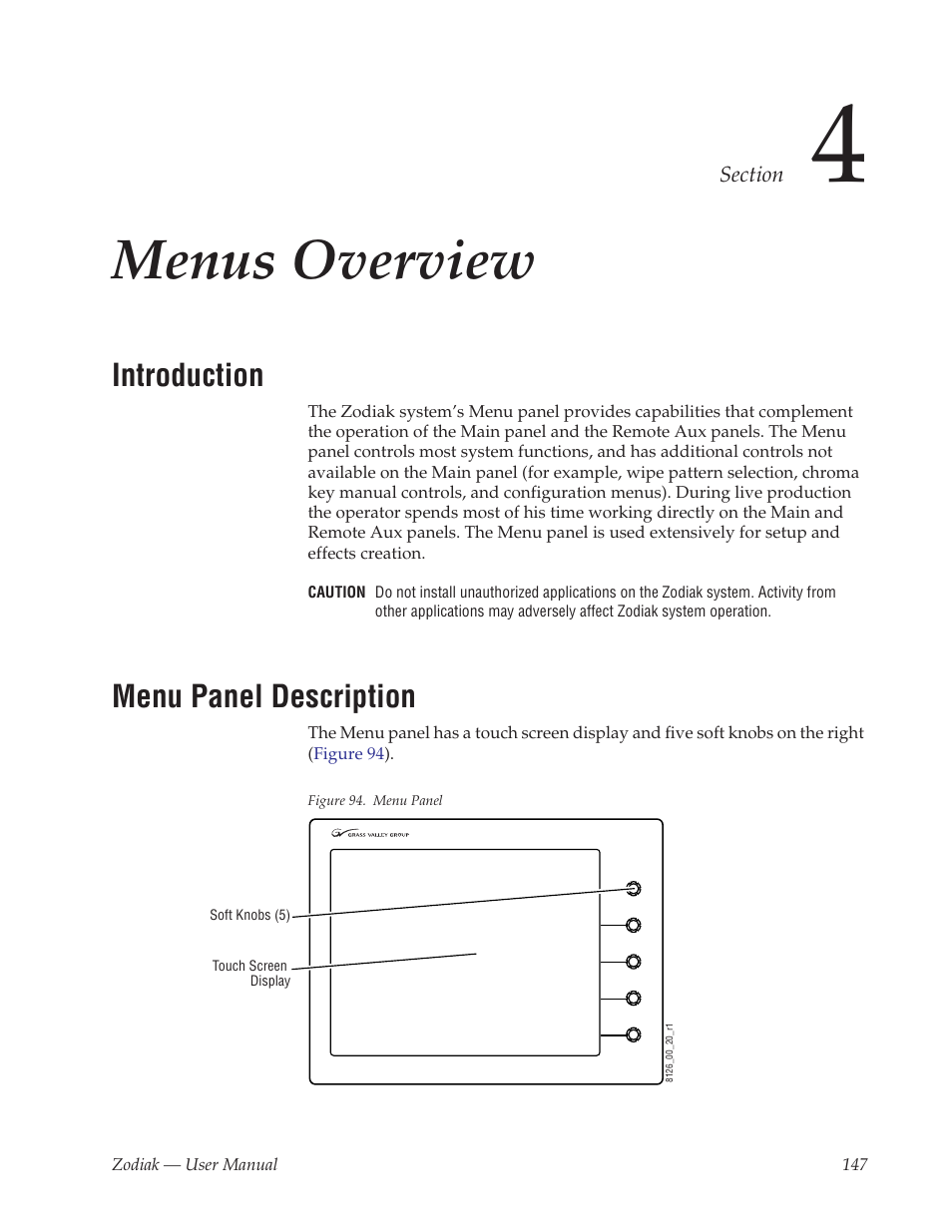 Menus overview, Introduction, Menu panel description | Section 4 — menus overview | Grass Valley Zodiak v.6.0 Mar 15 2006 User Manual | Page 147 / 494