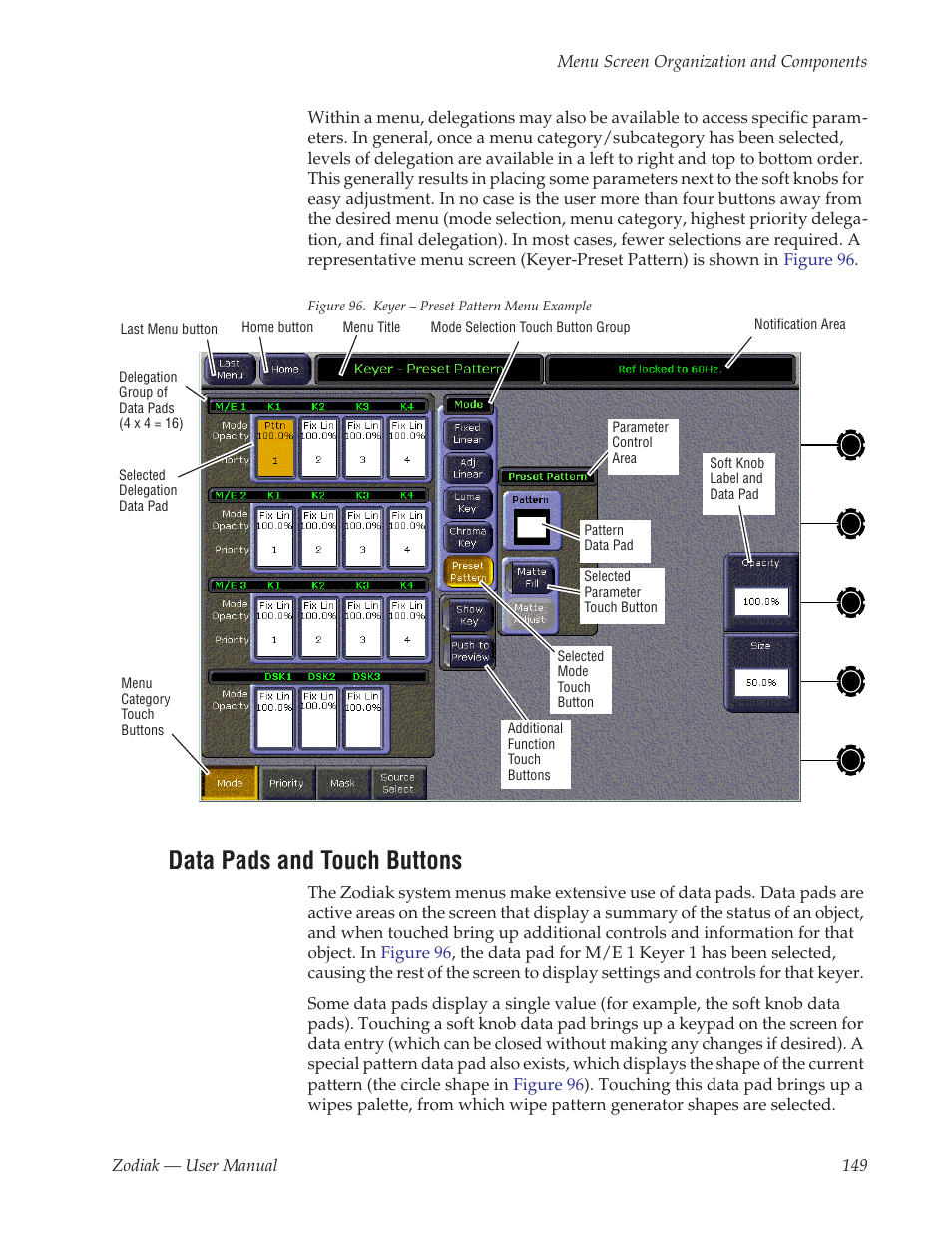 Data pads and touch buttons | Grass Valley Zodiak v.6.0 Mar 15 2006 User Manual | Page 149 / 494