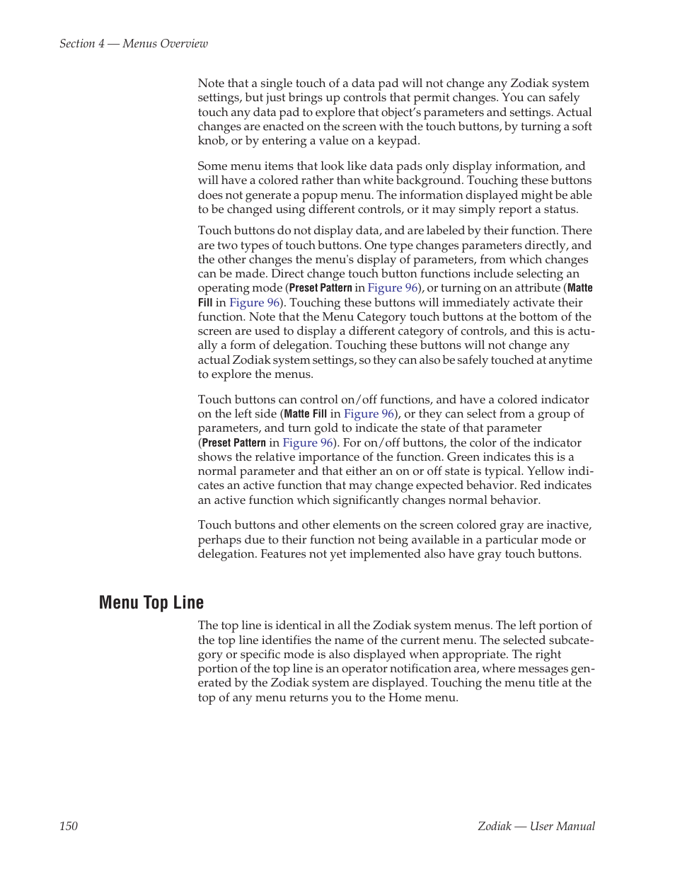 Menu top line | Grass Valley Zodiak v.6.0 Mar 15 2006 User Manual | Page 150 / 494