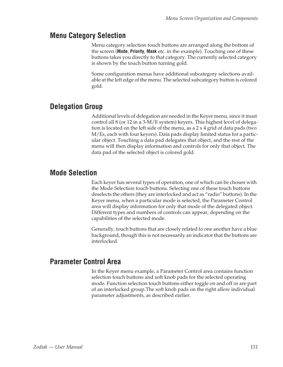 Menu category selection, Delegation group, Mode selection | Parameter control area | Grass Valley Zodiak v.6.0 Mar 15 2006 User Manual | Page 151 / 494