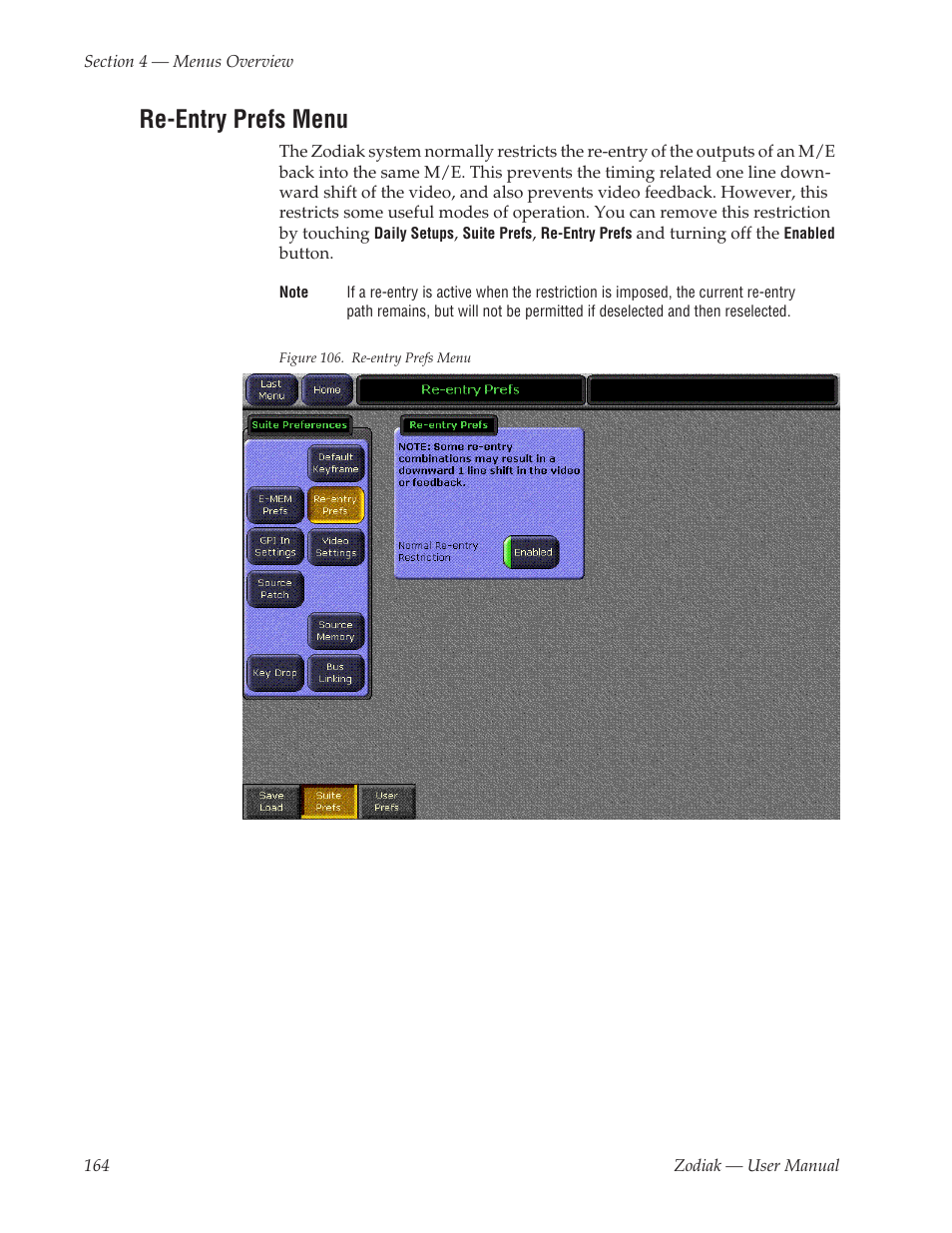 Re-entry prefs menu | Grass Valley Zodiak v.6.0 Mar 15 2006 User Manual | Page 164 / 494