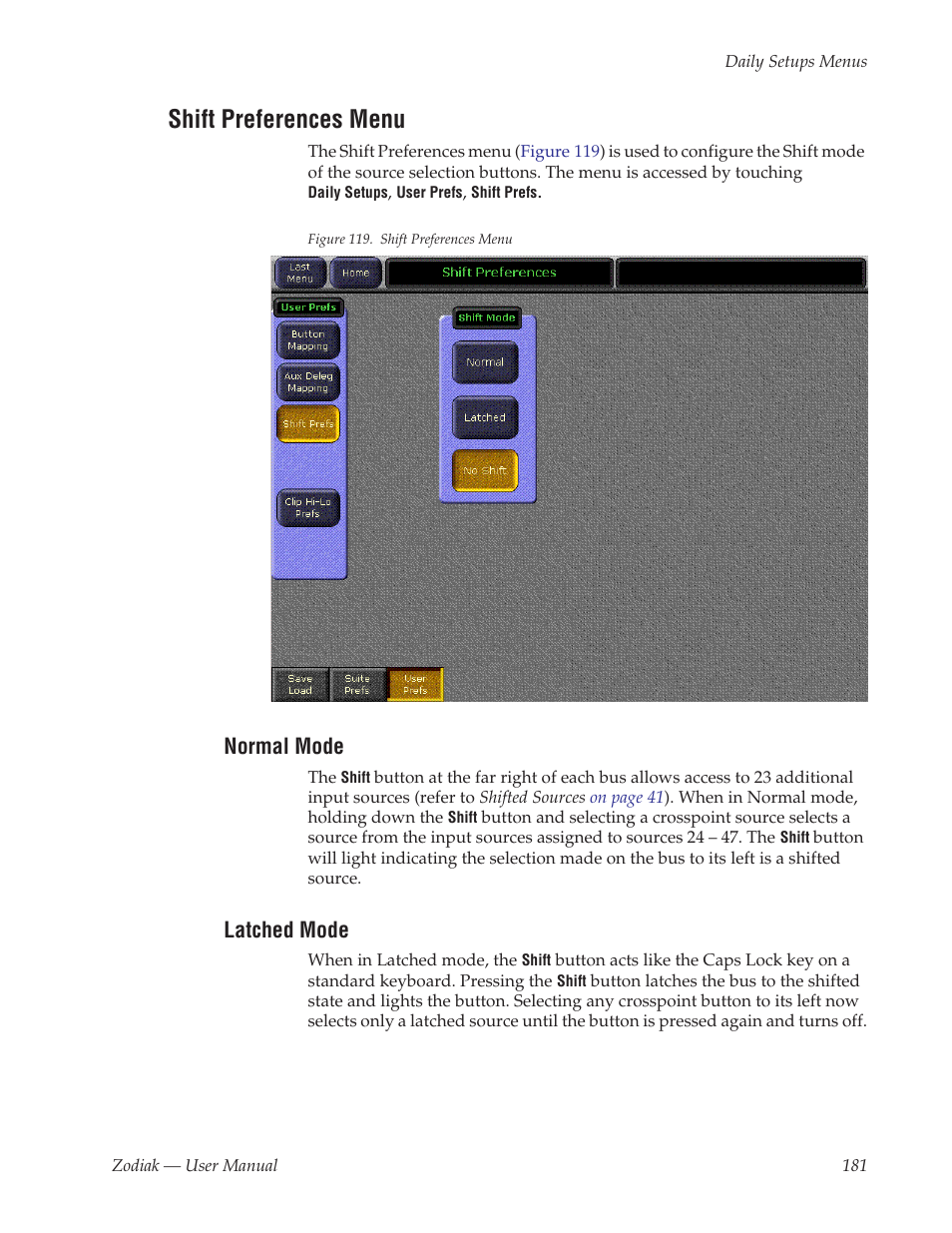 Shift preferences menu, Normal mode, Latched mode | Grass Valley Zodiak v.6.0 Mar 15 2006 User Manual | Page 181 / 494