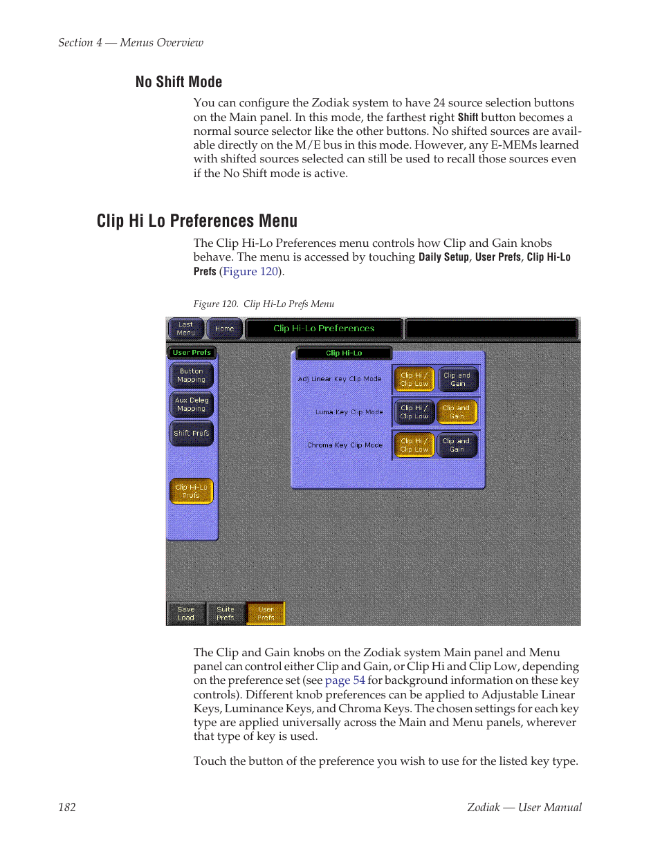 No shift mode, Clip hi lo preferences menu, Clip hi lo | Preferences menu | Grass Valley Zodiak v.6.0 Mar 15 2006 User Manual | Page 182 / 494