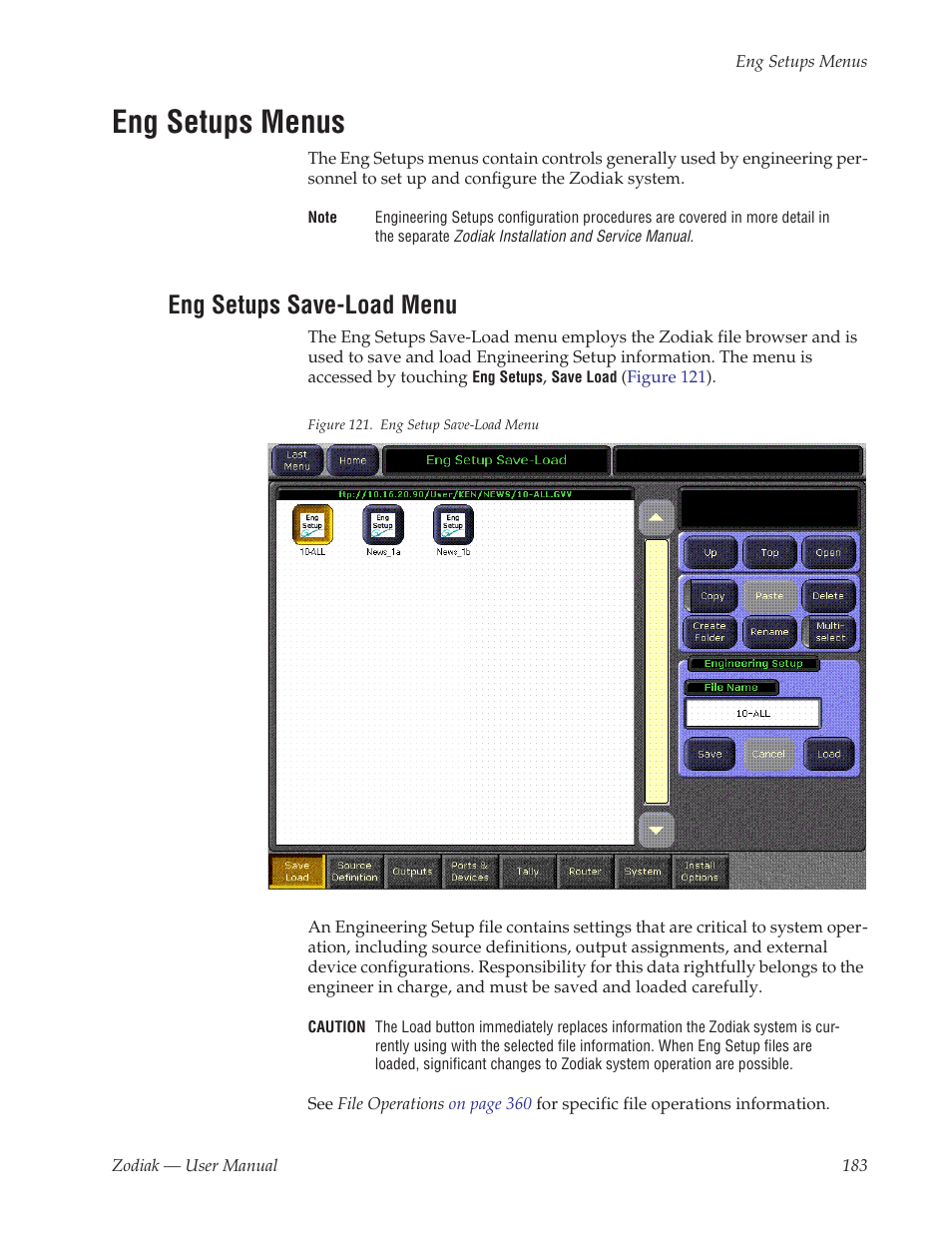 Eng setups menus, Eng setups save-load menu | Grass Valley Zodiak v.6.0 Mar 15 2006 User Manual | Page 183 / 494