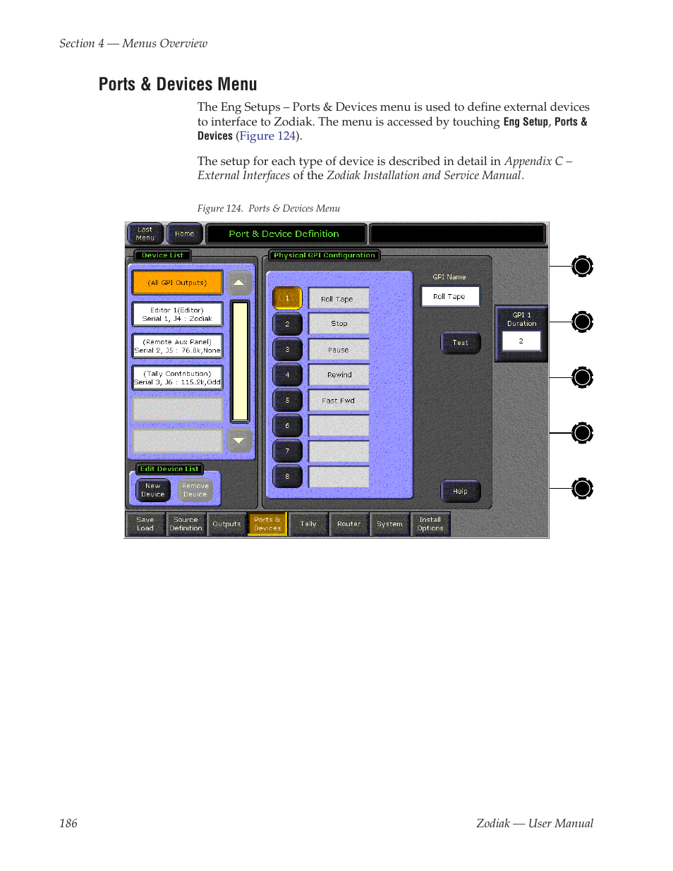 Ports & devices menu | Grass Valley Zodiak v.6.0 Mar 15 2006 User Manual | Page 186 / 494