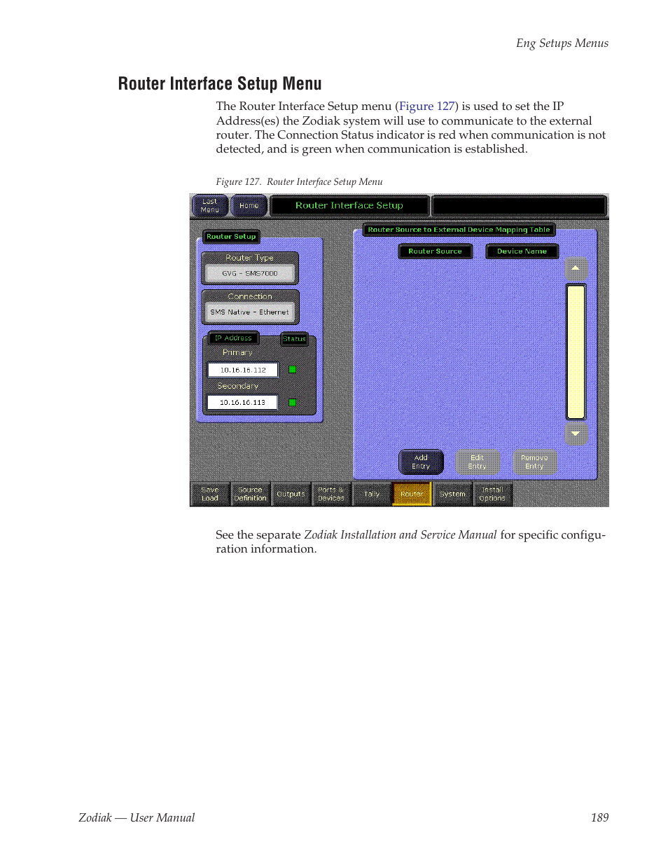 Router interface setup menu | Grass Valley Zodiak v.6.0 Mar 15 2006 User Manual | Page 189 / 494