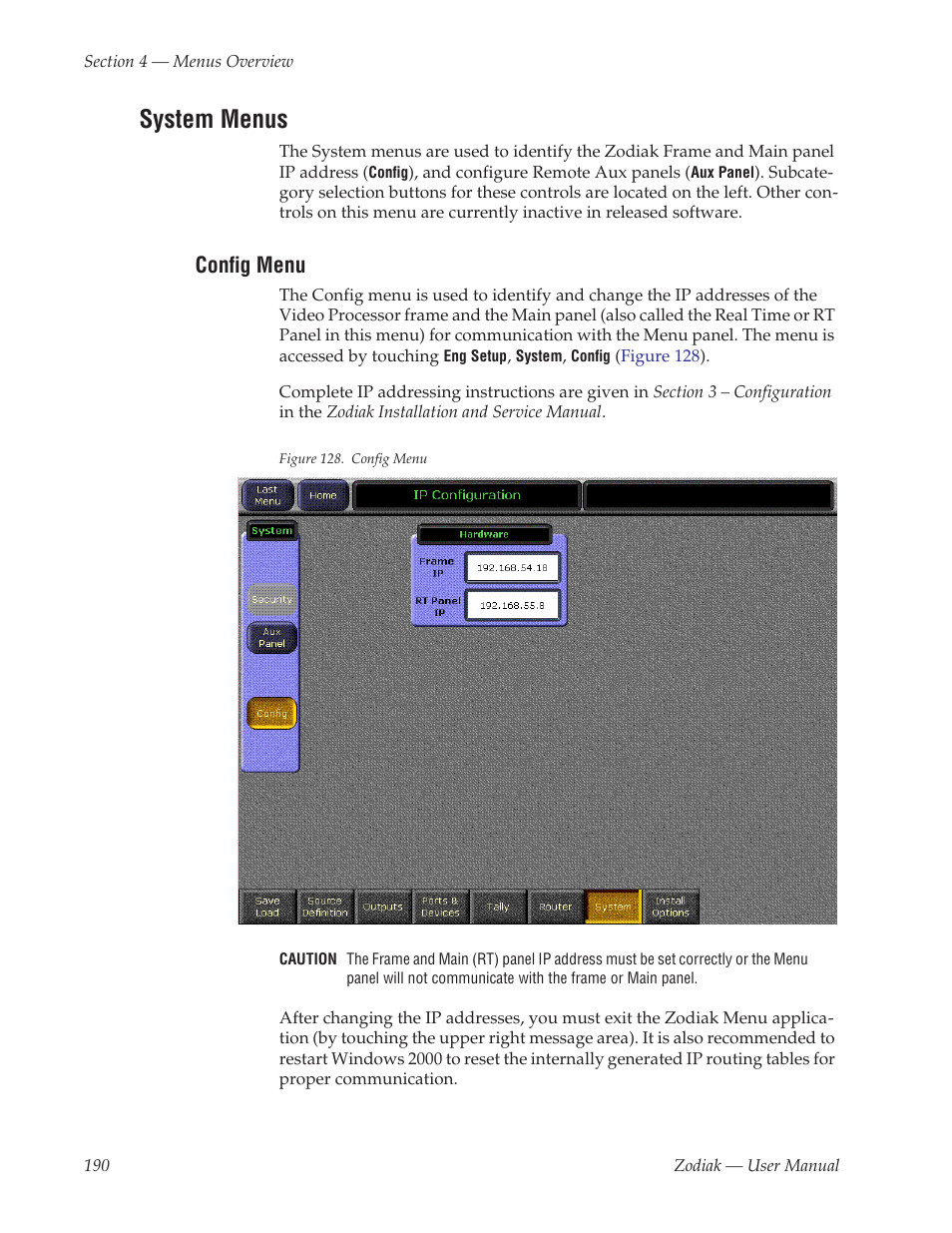 System menus, Config menu | Grass Valley Zodiak v.6.0 Mar 15 2006 User Manual | Page 190 / 494
