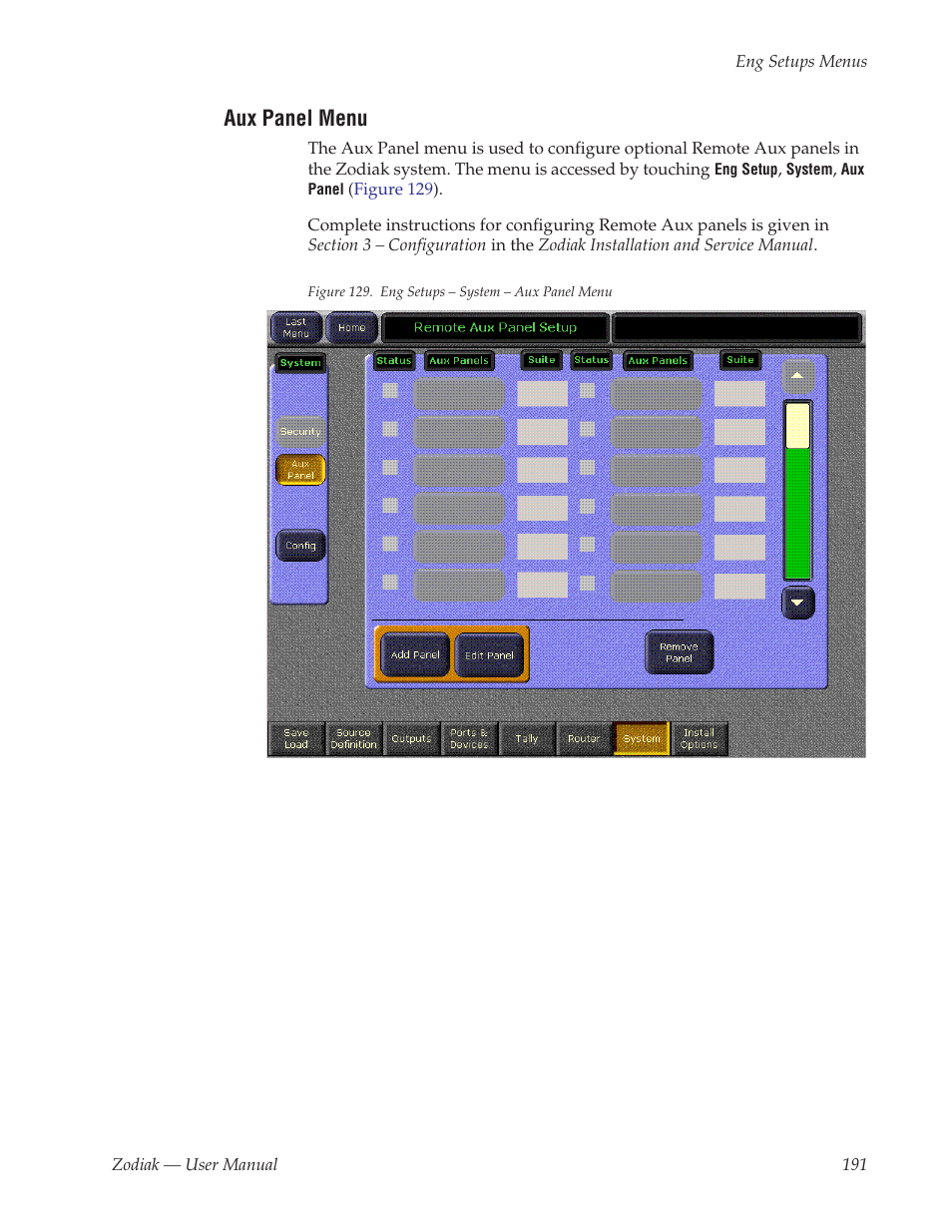 Aux panel menu | Grass Valley Zodiak v.6.0 Mar 15 2006 User Manual | Page 191 / 494