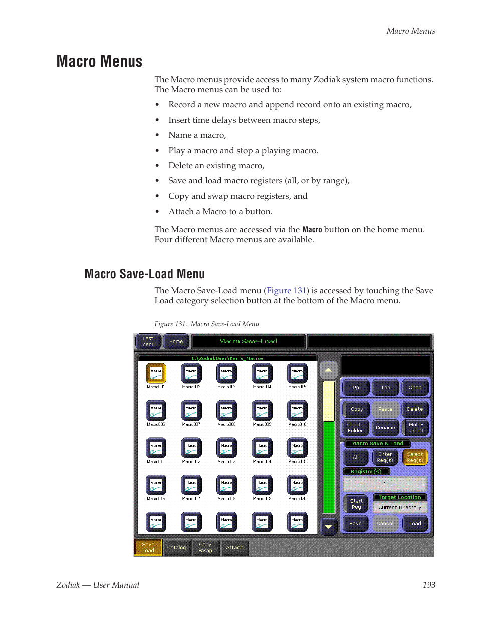 Macro menus, Macro save-load menu | Grass Valley Zodiak v.6.0 Mar 15 2006 User Manual | Page 193 / 494