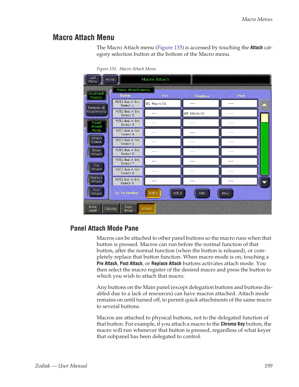 Macro attach menu, Panel attach mode pane | Grass Valley Zodiak v.6.0 Mar 15 2006 User Manual | Page 199 / 494