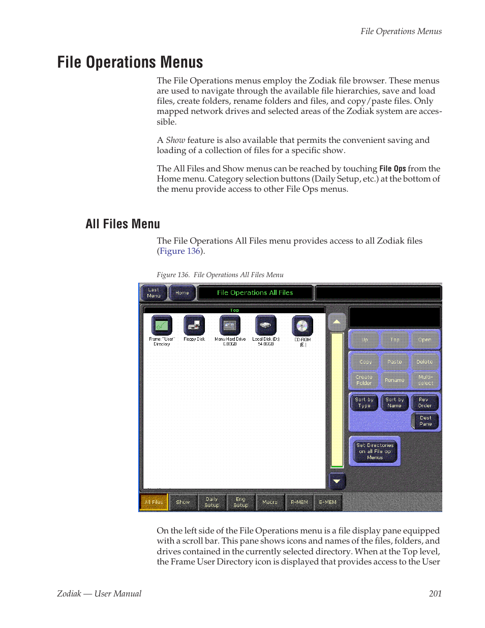 File operations menus, All files menu | Grass Valley Zodiak v.6.0 Mar 15 2006 User Manual | Page 201 / 494