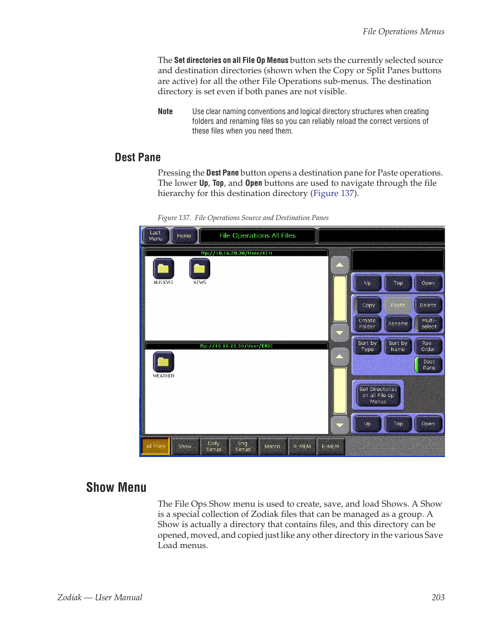 Dest pane, Show menu | Grass Valley Zodiak v.6.0 Mar 15 2006 User Manual | Page 203 / 494