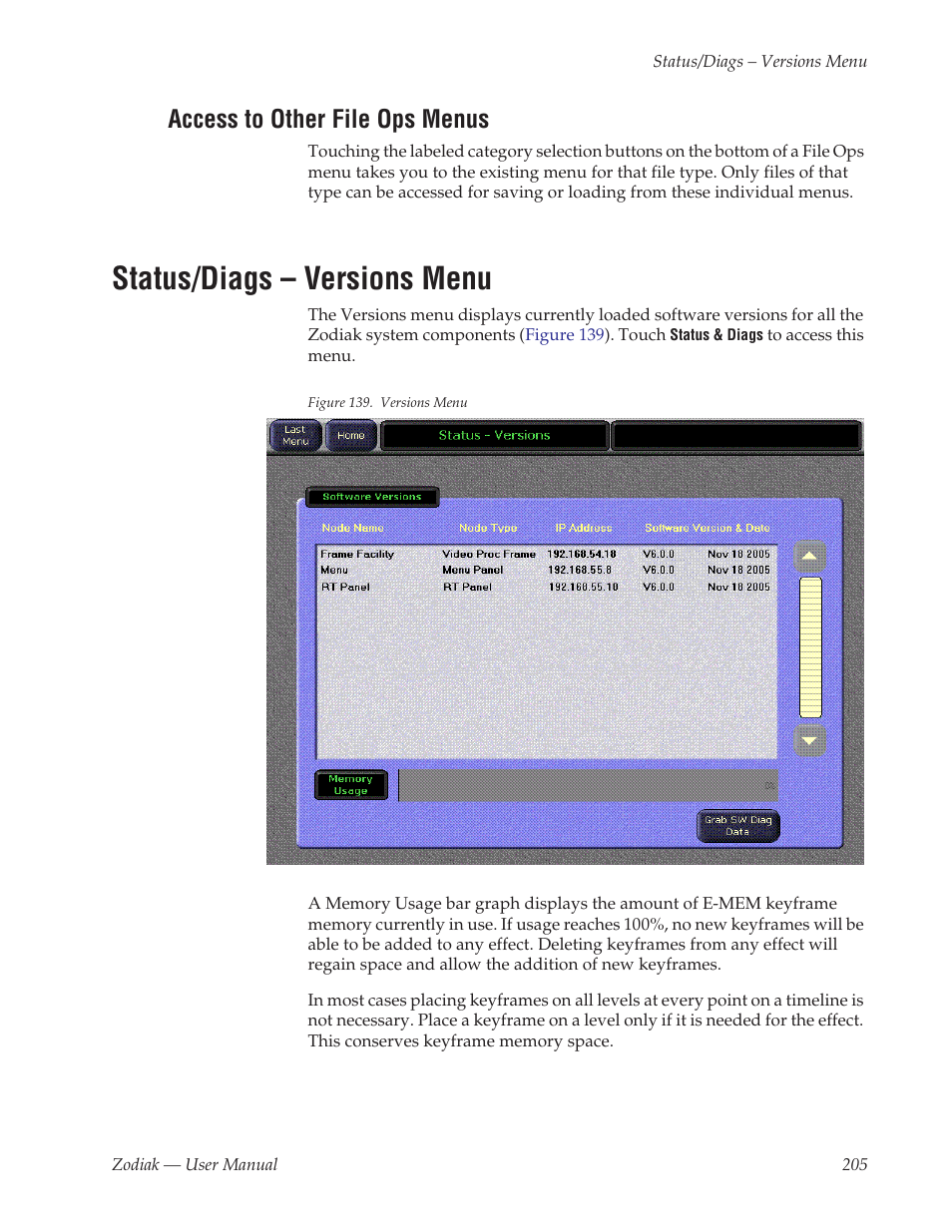 Access to other file ops menus, Status/diags - versions menu, Status/diags – versions menu | Grass Valley Zodiak v.6.0 Mar 15 2006 User Manual | Page 205 / 494