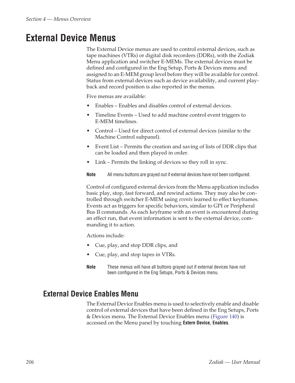 External device menus, External device enables menu | Grass Valley Zodiak v.6.0 Mar 15 2006 User Manual | Page 206 / 494