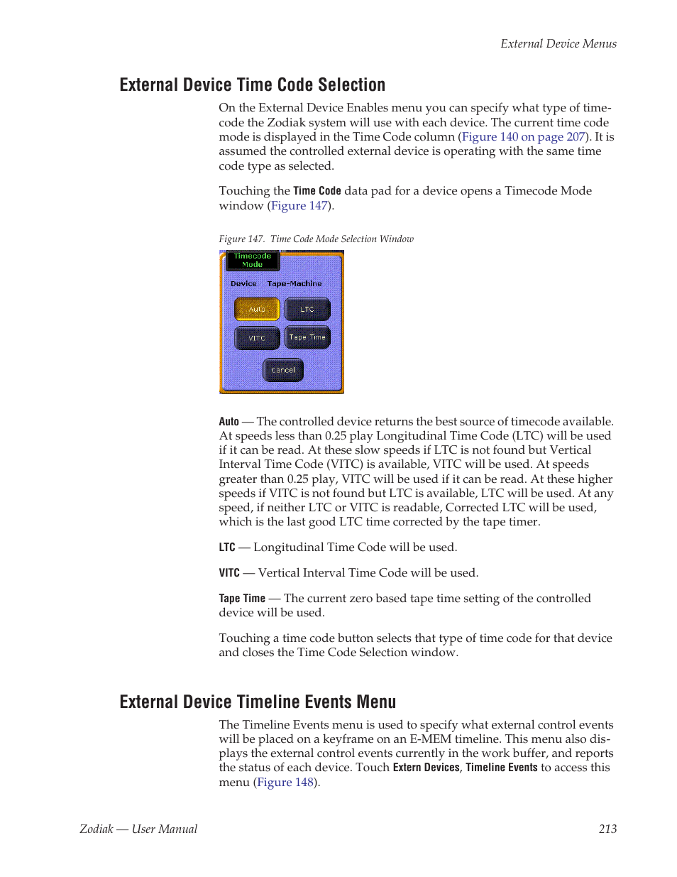 External device time code selection, External device timeline events menu | Grass Valley Zodiak v.6.0 Mar 15 2006 User Manual | Page 213 / 494