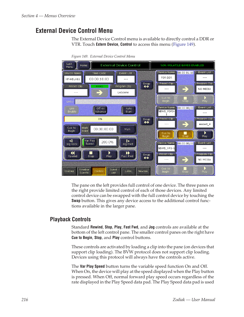 External device control menu, Playback controls | Grass Valley Zodiak v.6.0 Mar 15 2006 User Manual | Page 216 / 494