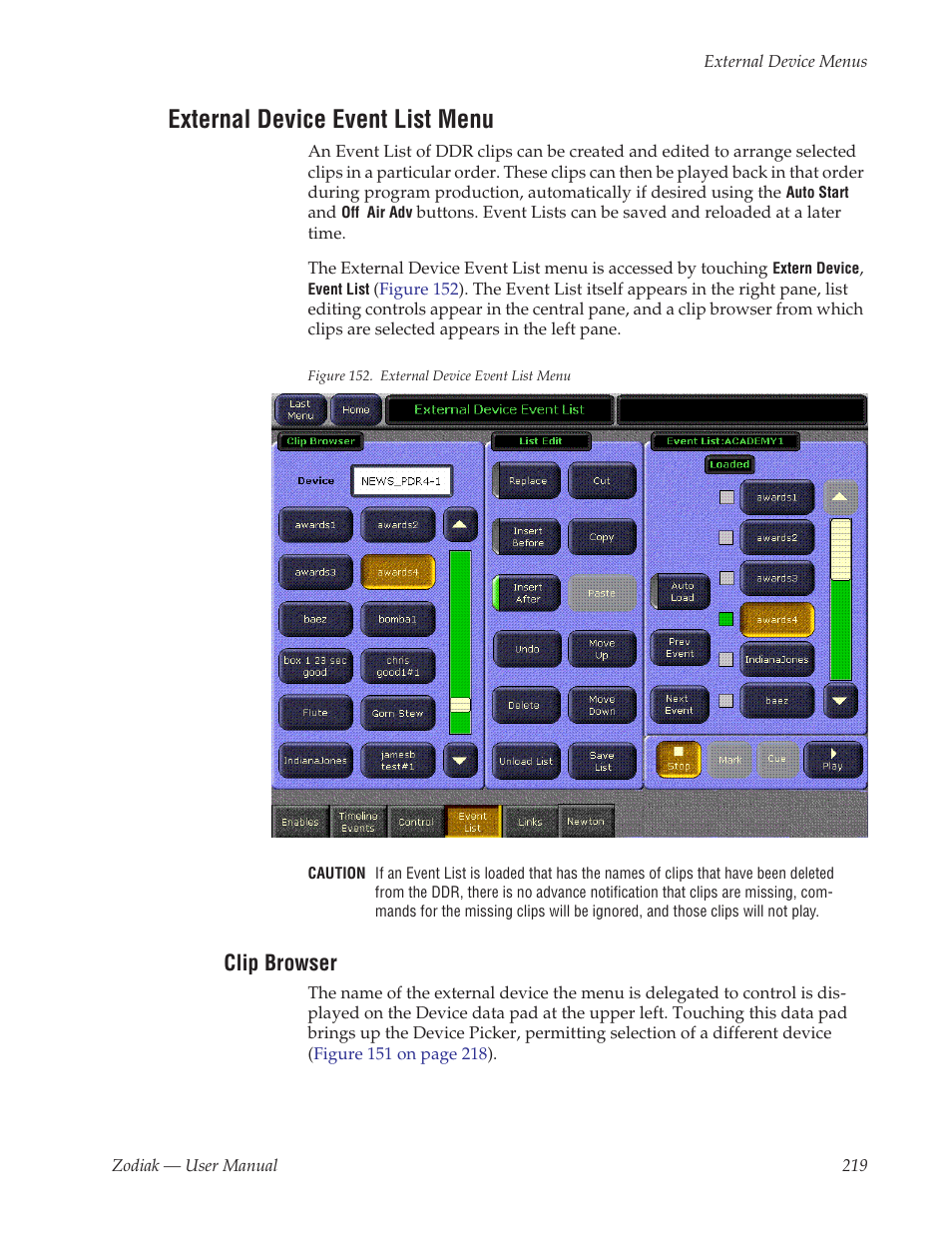 External device event list menu, Clip browser | Grass Valley Zodiak v.6.0 Mar 15 2006 User Manual | Page 219 / 494