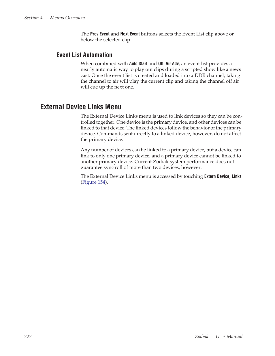 Event list automation, External device links menu | Grass Valley Zodiak v.6.0 Mar 15 2006 User Manual | Page 222 / 494