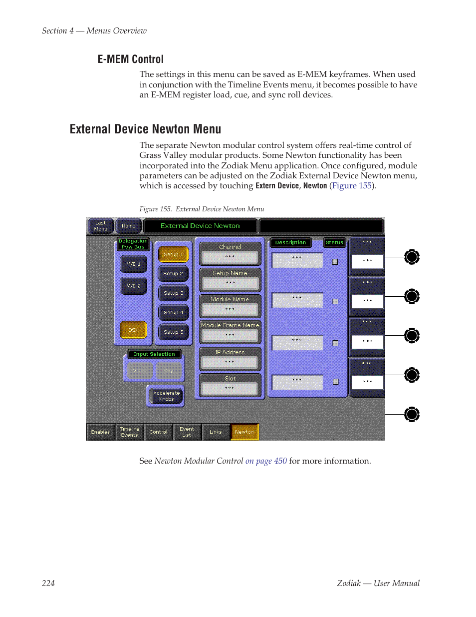 E-mem control, External device newton menu | Grass Valley Zodiak v.6.0 Mar 15 2006 User Manual | Page 224 / 494