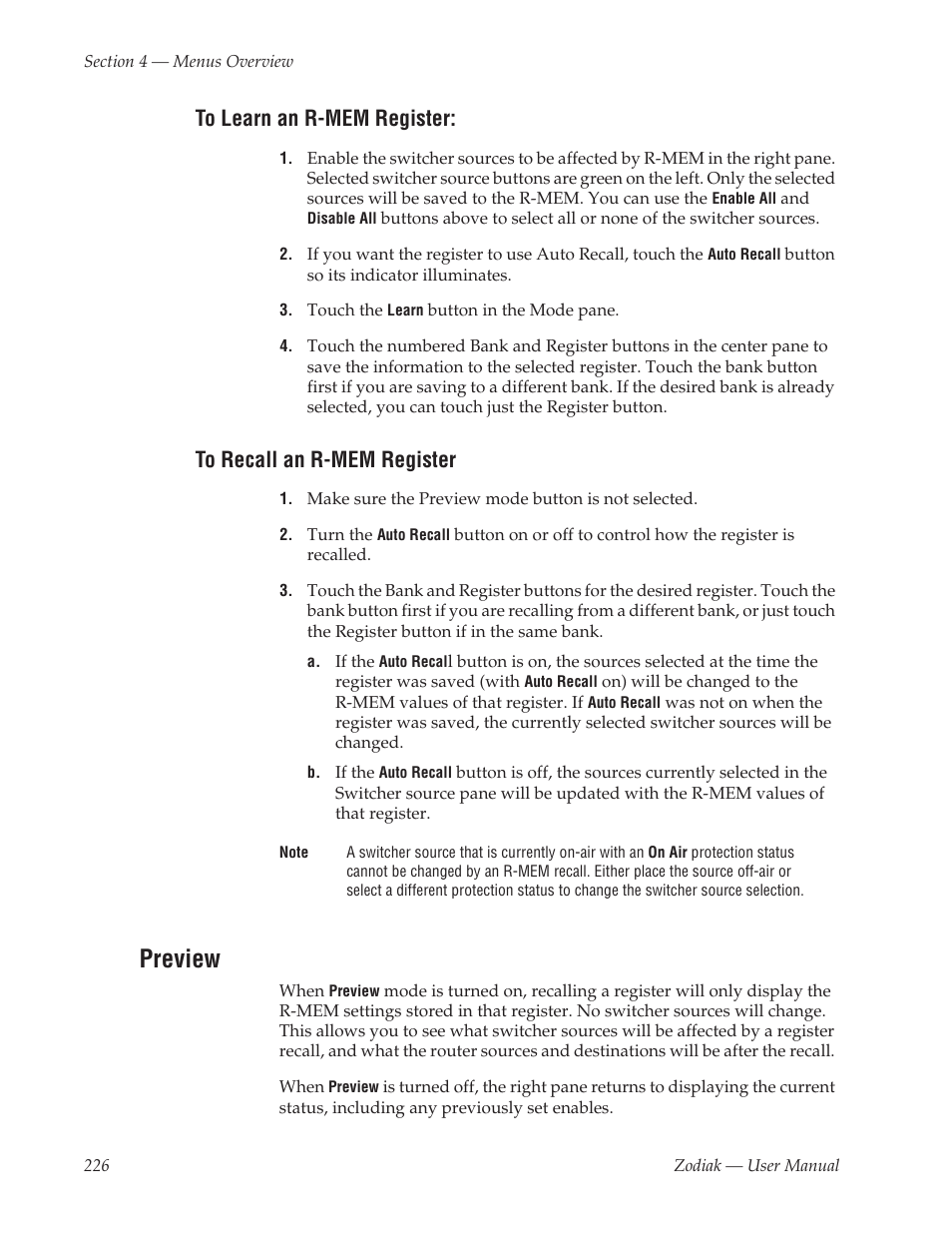 To learn an r-mem register, To recall an r-mem register, Preview | Grass Valley Zodiak v.6.0 Mar 15 2006 User Manual | Page 226 / 494