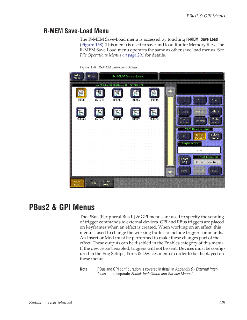 R-mem save-load menu, Pbus2 & gpi menus | Grass Valley Zodiak v.6.0 Mar 15 2006 User Manual | Page 229 / 494