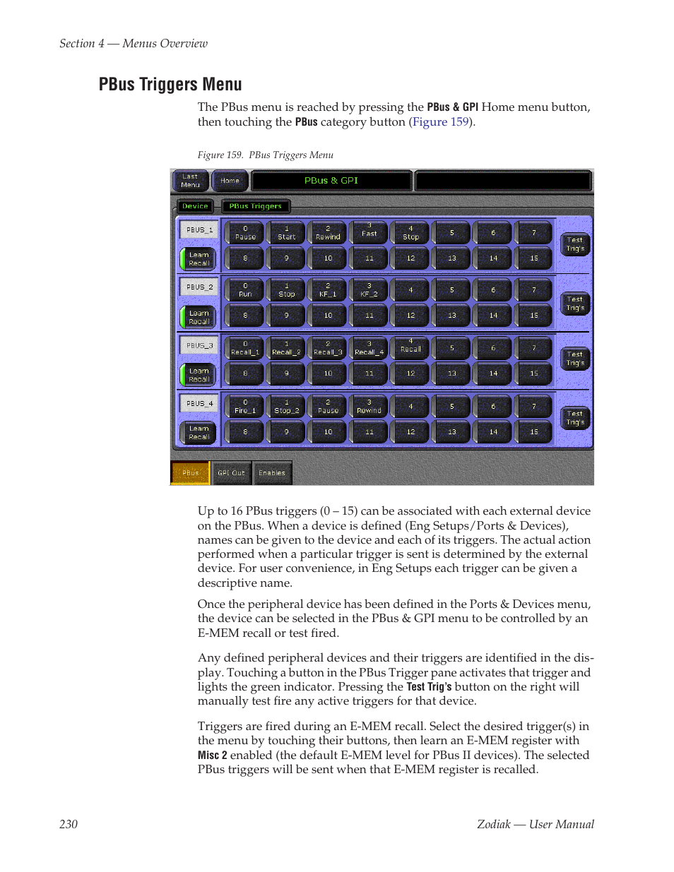 Pbus triggers menu | Grass Valley Zodiak v.6.0 Mar 15 2006 User Manual | Page 230 / 494