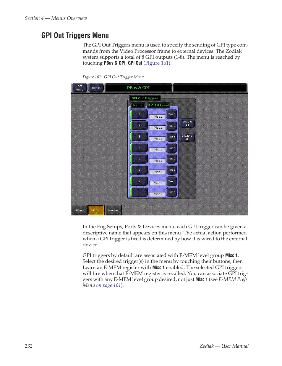 Gpi out triggers menu | Grass Valley Zodiak v.6.0 Mar 15 2006 User Manual | Page 232 / 494