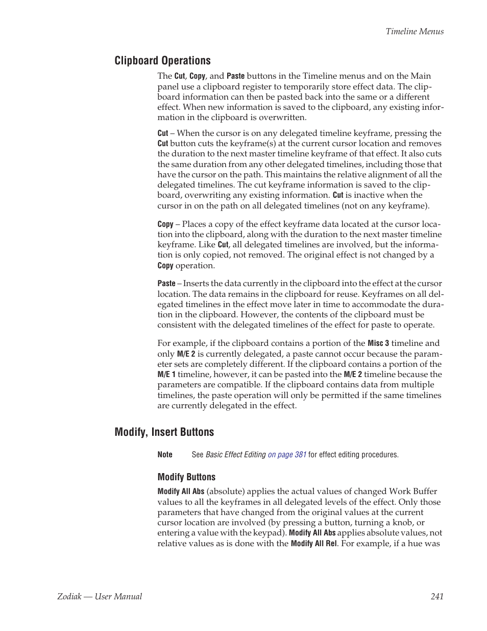 Clipboard operations, Modify, insert buttons | Grass Valley Zodiak v.6.0 Mar 15 2006 User Manual | Page 241 / 494