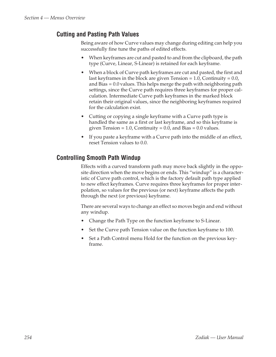 Cutting and pasting path values, Controlling smooth path windup | Grass Valley Zodiak v.6.0 Mar 15 2006 User Manual | Page 254 / 494
