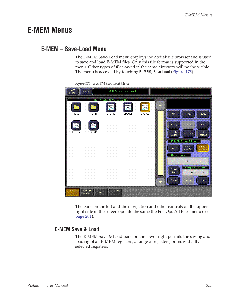 E-mem menus, E-mem - save-load menu, E-mem save & load | E-mem – save-load menu | Grass Valley Zodiak v.6.0 Mar 15 2006 User Manual | Page 255 / 494