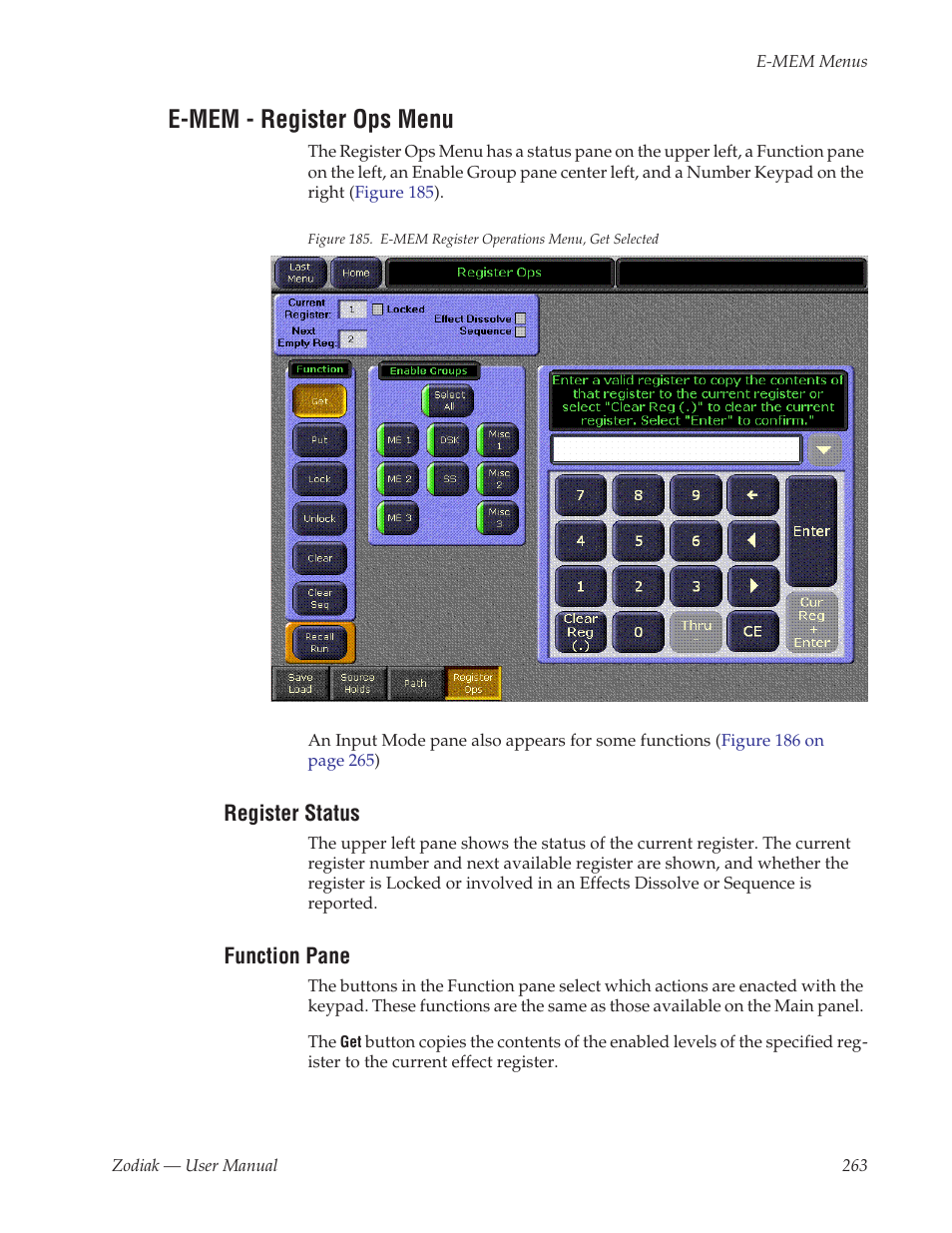 E-mem - register ops menu, Register status, Function pane | Clear seq controls on the register ops menu (see | Grass Valley Zodiak v.6.0 Mar 15 2006 User Manual | Page 263 / 494