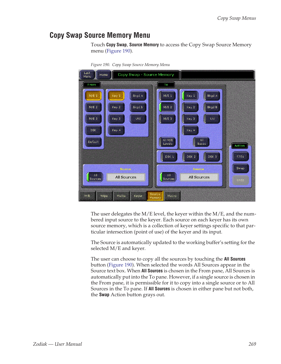Copy swap source memory menu | Grass Valley Zodiak v.6.0 Mar 15 2006 User Manual | Page 269 / 494