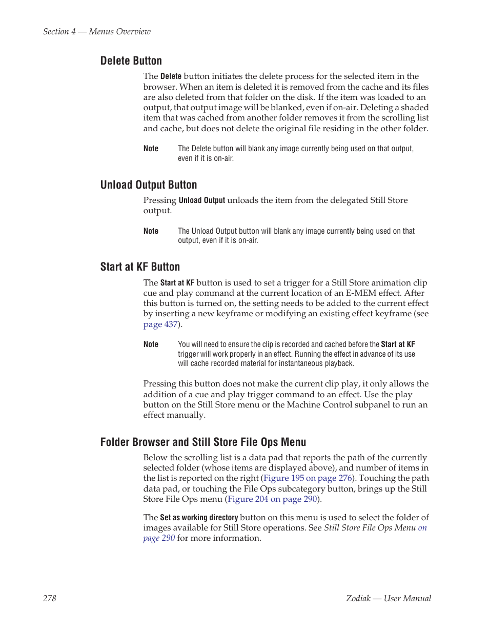 Delete button, Unload output button, Start at kf button | Folder browser and still store file ops menu | Grass Valley Zodiak v.6.0 Mar 15 2006 User Manual | Page 278 / 494