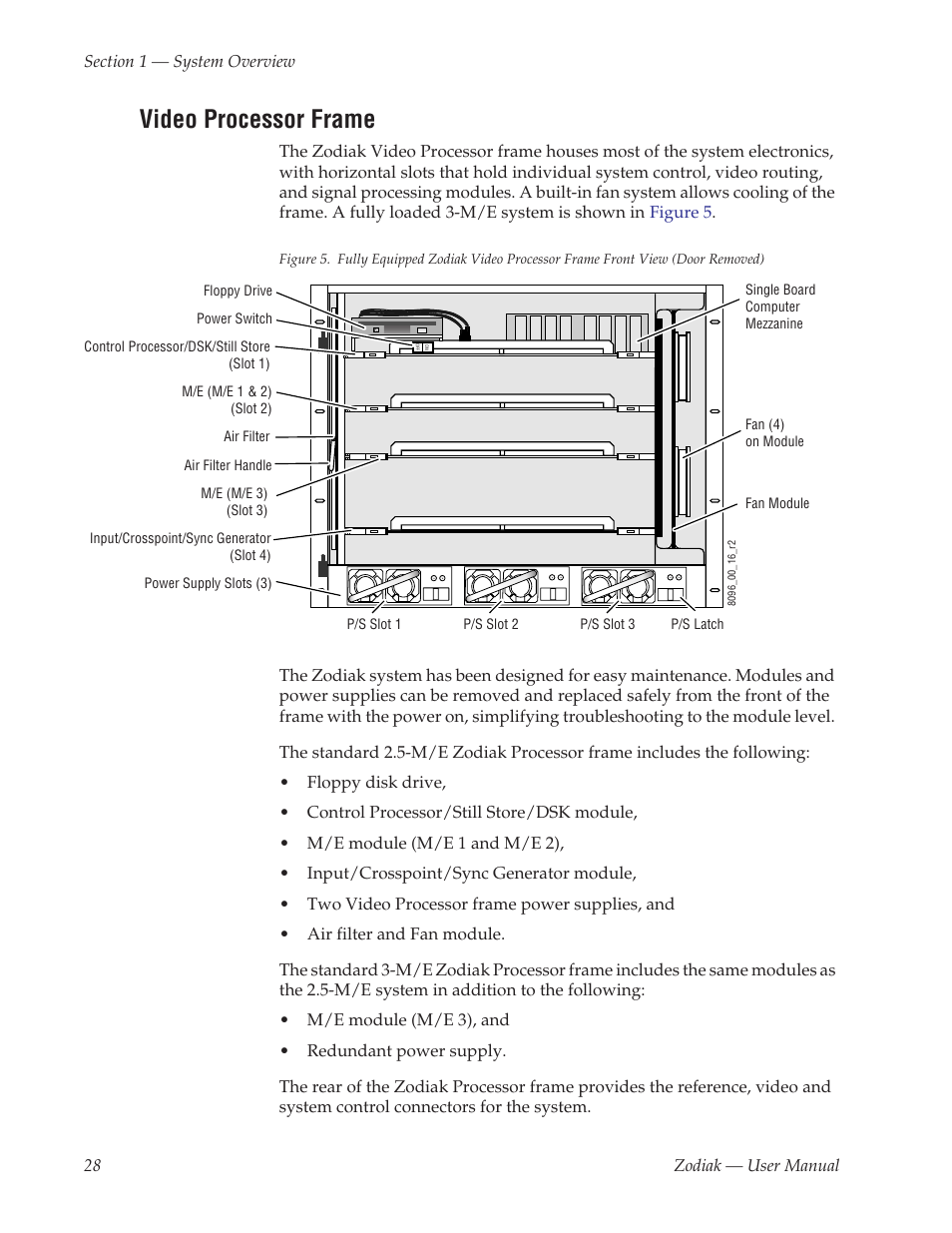 Video processor frame, And one in the video processor frame (see, Figure 5 | Grass Valley Zodiak v.6.0 Mar 15 2006 User Manual | Page 28 / 494