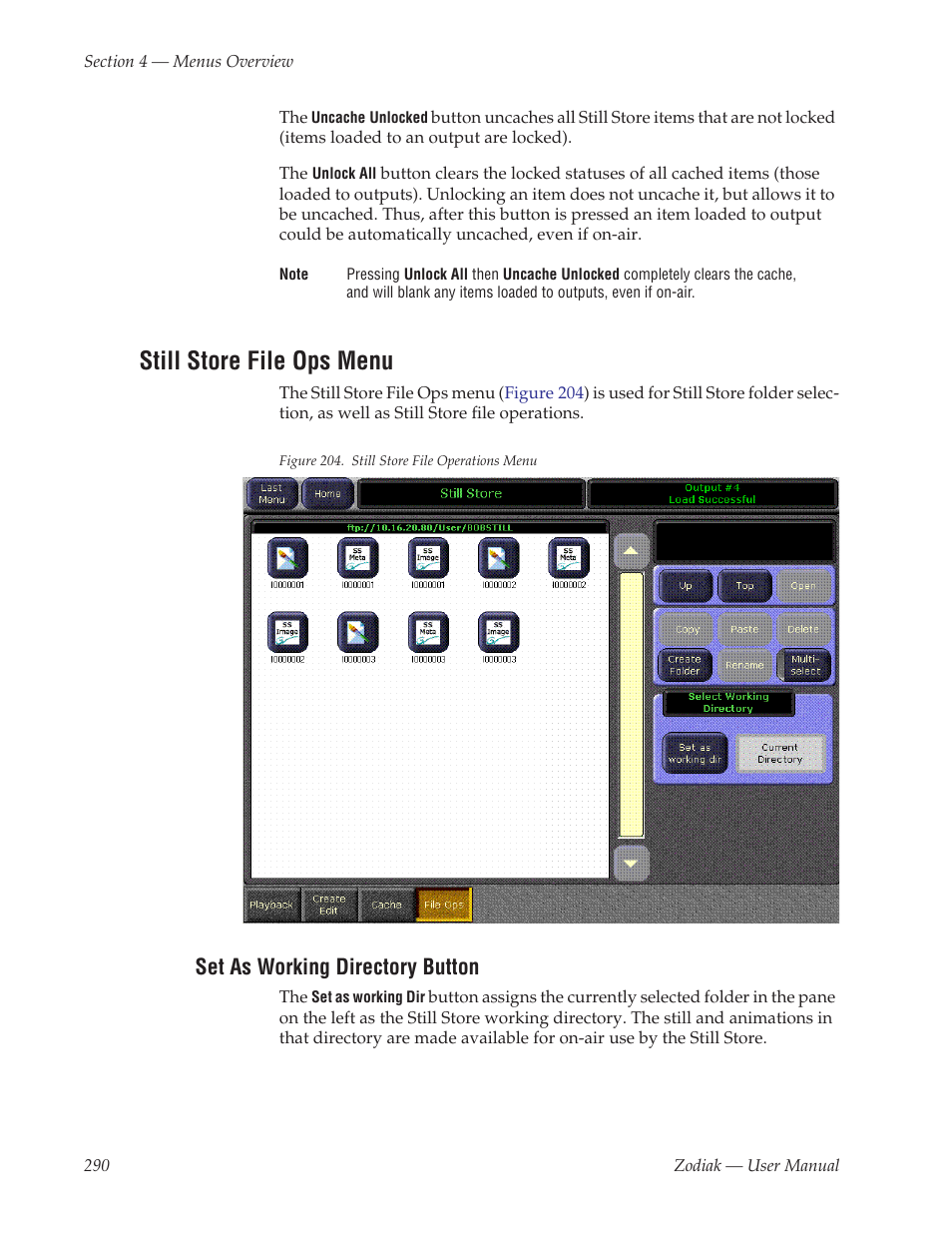 Still store file ops menu, Set as working directory button, Store file ops menu | Grass Valley Zodiak v.6.0 Mar 15 2006 User Manual | Page 290 / 494