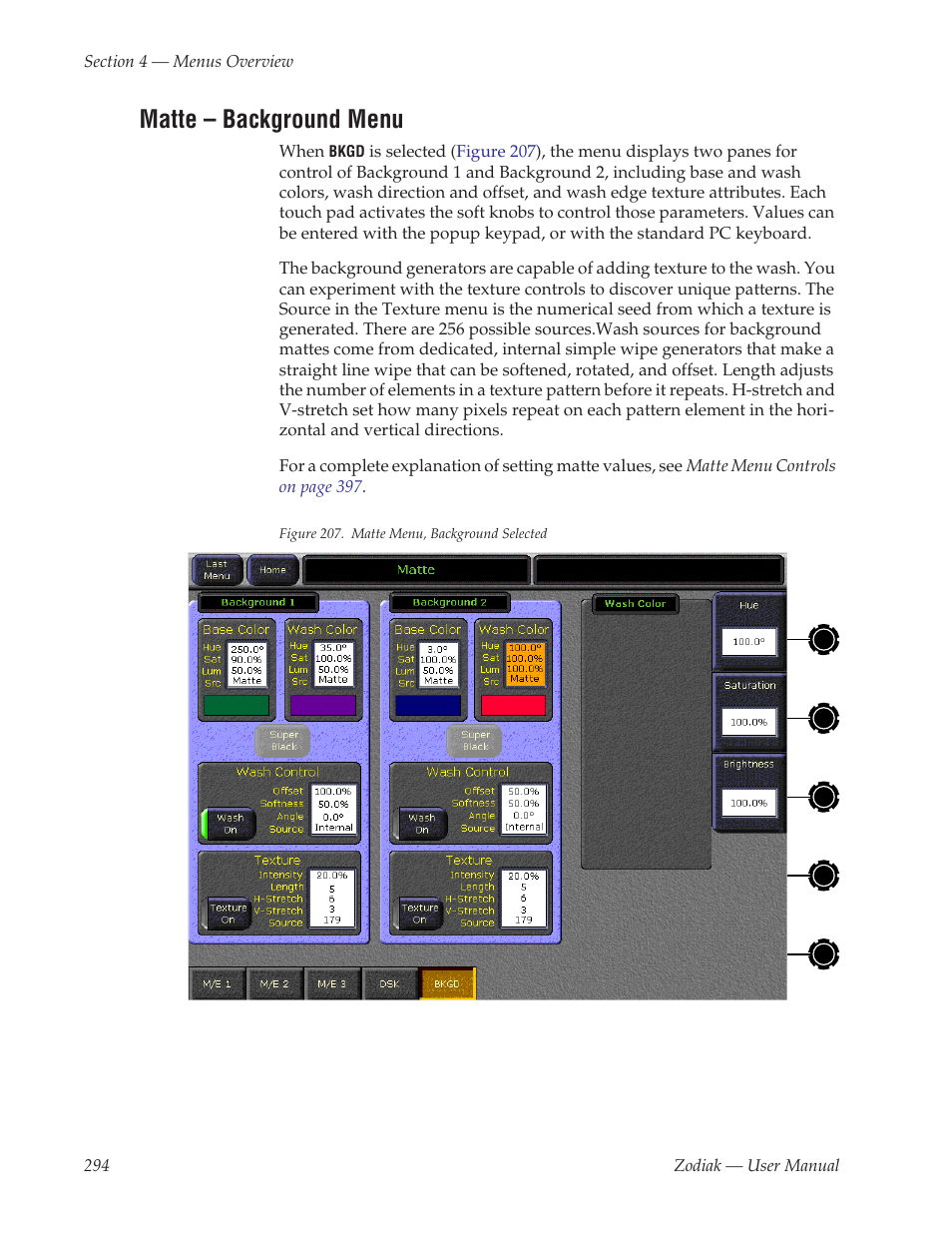 Matte - background menu, Matte – background menu | Grass Valley Zodiak v.6.0 Mar 15 2006 User Manual | Page 294 / 494