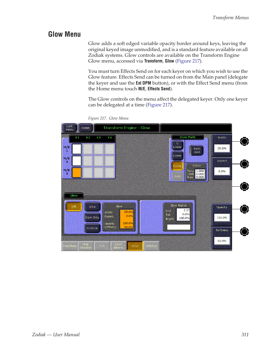 Glow menu | Grass Valley Zodiak v.6.0 Mar 15 2006 User Manual | Page 311 / 494