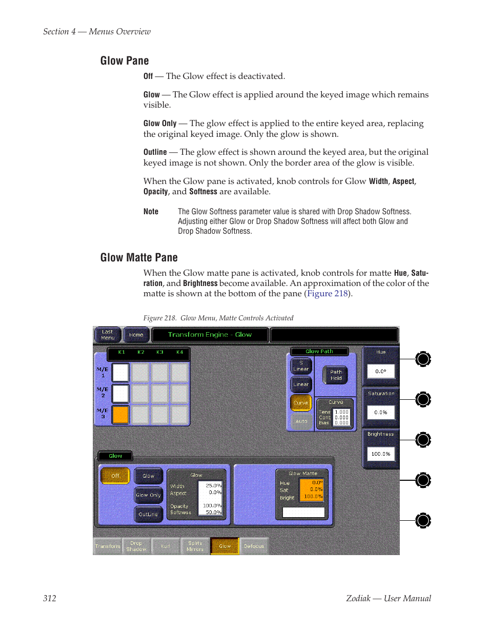 Glow pane, Glow matte pane | Grass Valley Zodiak v.6.0 Mar 15 2006 User Manual | Page 312 / 494